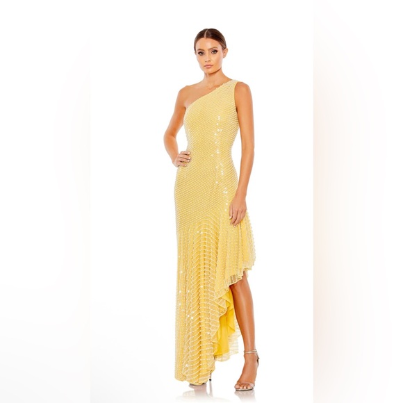 New Ieena for Mac Duggal 93741 Yellow One-Shoulder Asymmetric Pearl Gown Size 6 - Picture 1 of 9